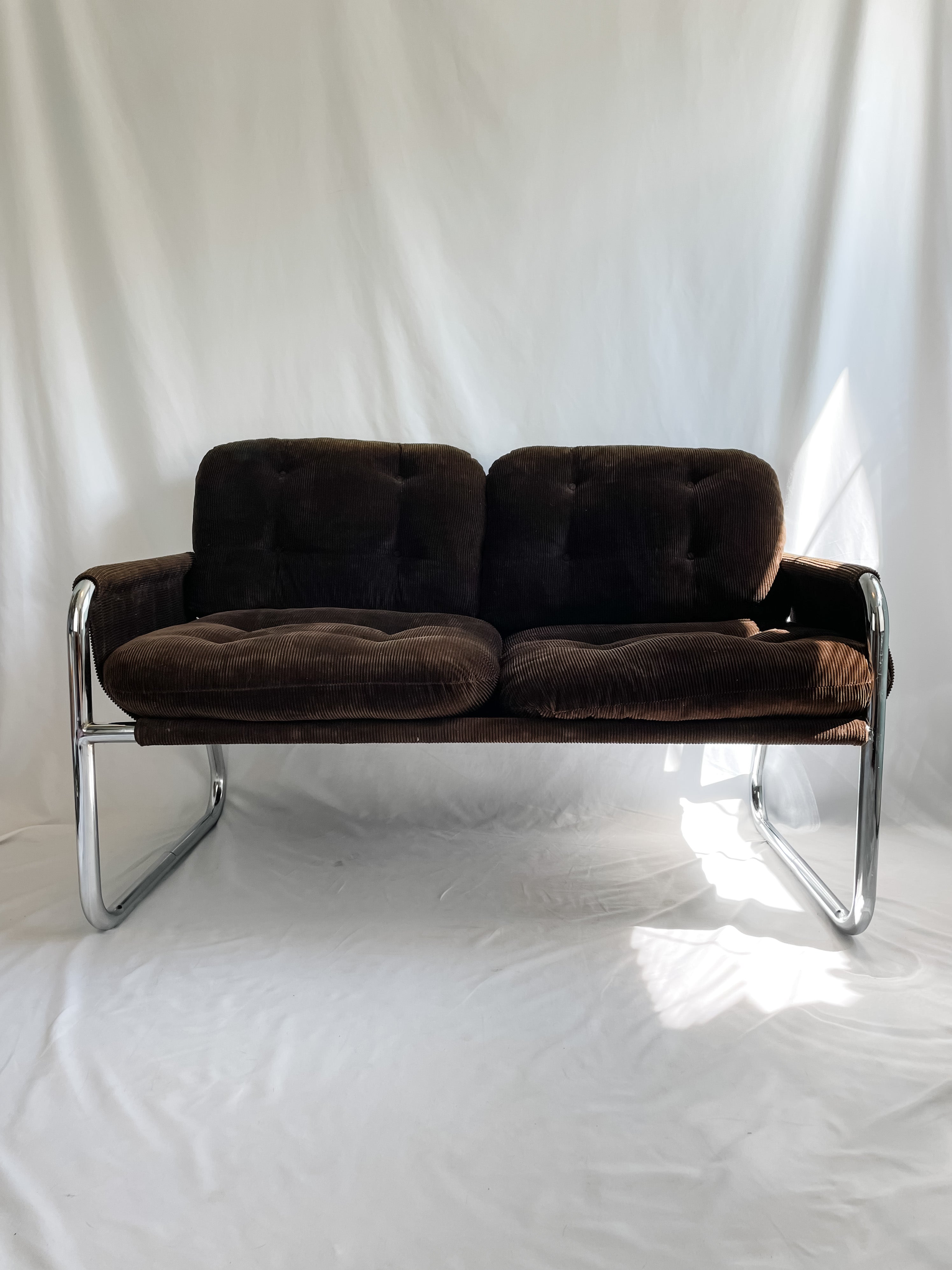 MID CENTURY SLING-BACK TUBULAR CORDUROY SOFA